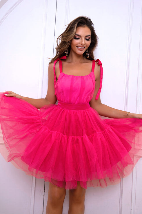 tie-shoulder-mesh-dress Sophia's Trends - Sophia's Style-Hot Pink-XS